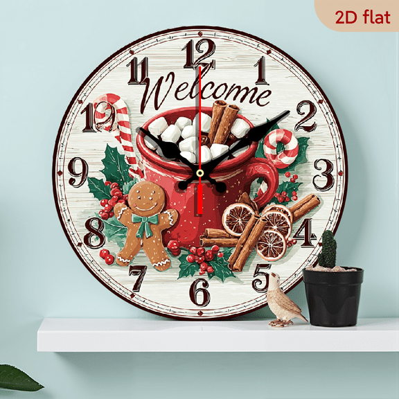 2D Flat 1pc 10Inch Christmas Wooden Wall Clock Gingerbread Man Festive Wreath Design, Silent Non Ticking, Battery Operated (AA Not Included) Ideal for Living Room, Bedroom