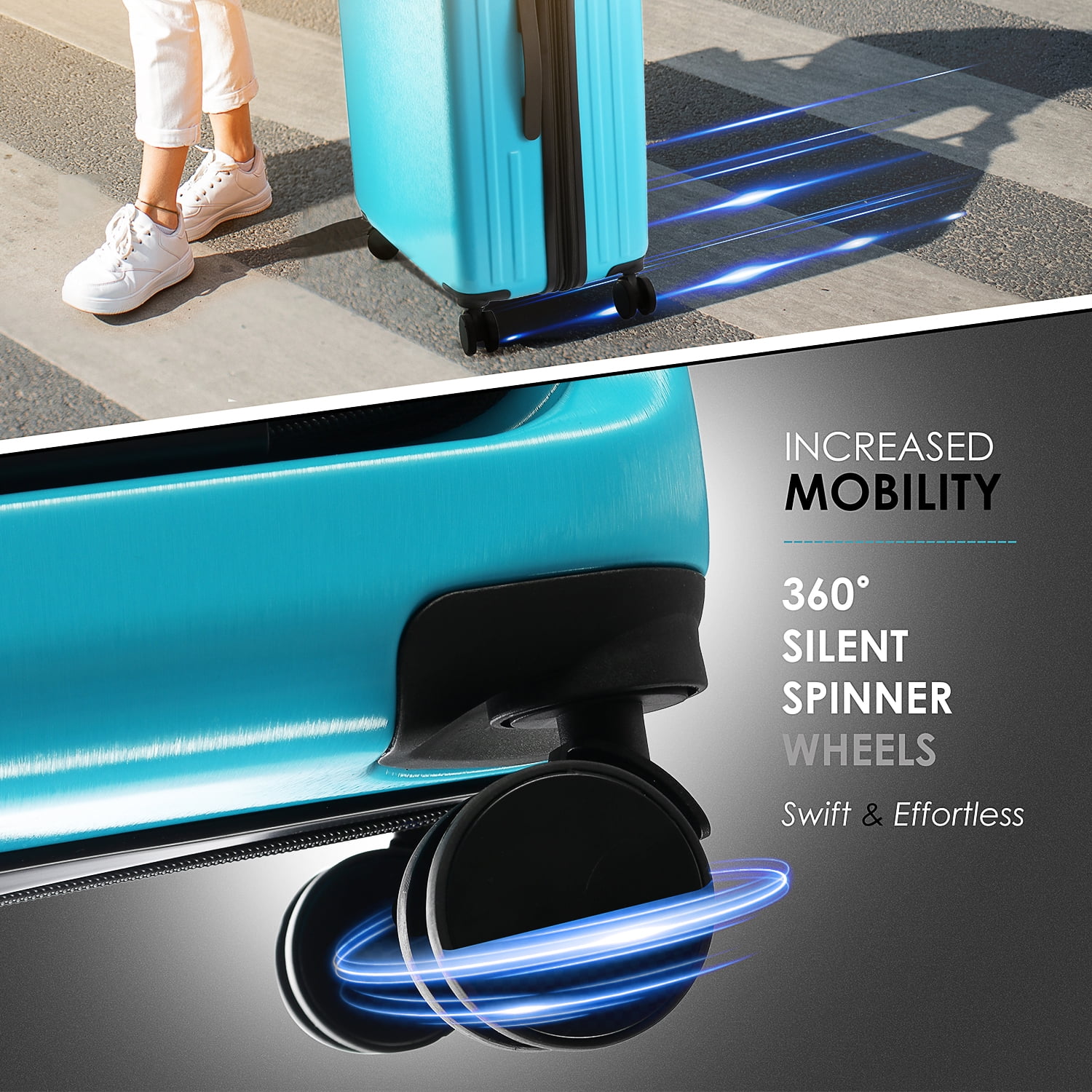 StorageBud 4 Piece Hardshell Exapandable Luggage Set, Spinner Luggage Suitcase Set, Teal Blue