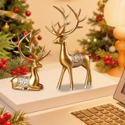Moocorvic 2Pcs Gold Resin Reindeer Figurines Christmas Table Decorations, Sitting & Standing Deer Statues for Living Room, Bedroom, Christmas Gifs