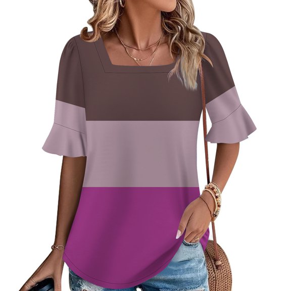 QUNYINEY Casual Summer Tops for Women Square Neck Colorblock Short Sleeve Shirts Loose Pullover Shirts for Women