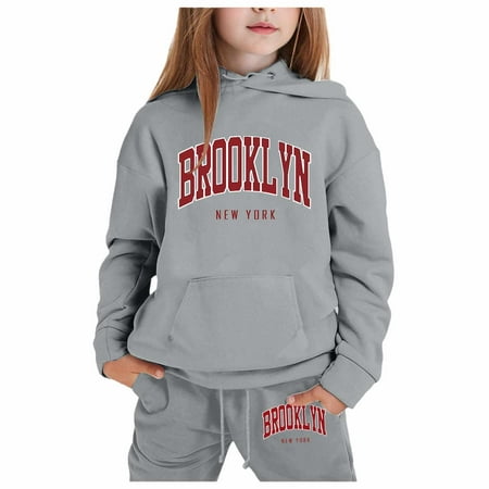 WOYY Sweatsuit Set for Girls Letter Print Hoodie and Sweatpants Active Outfits for Kids Sizes 1-9