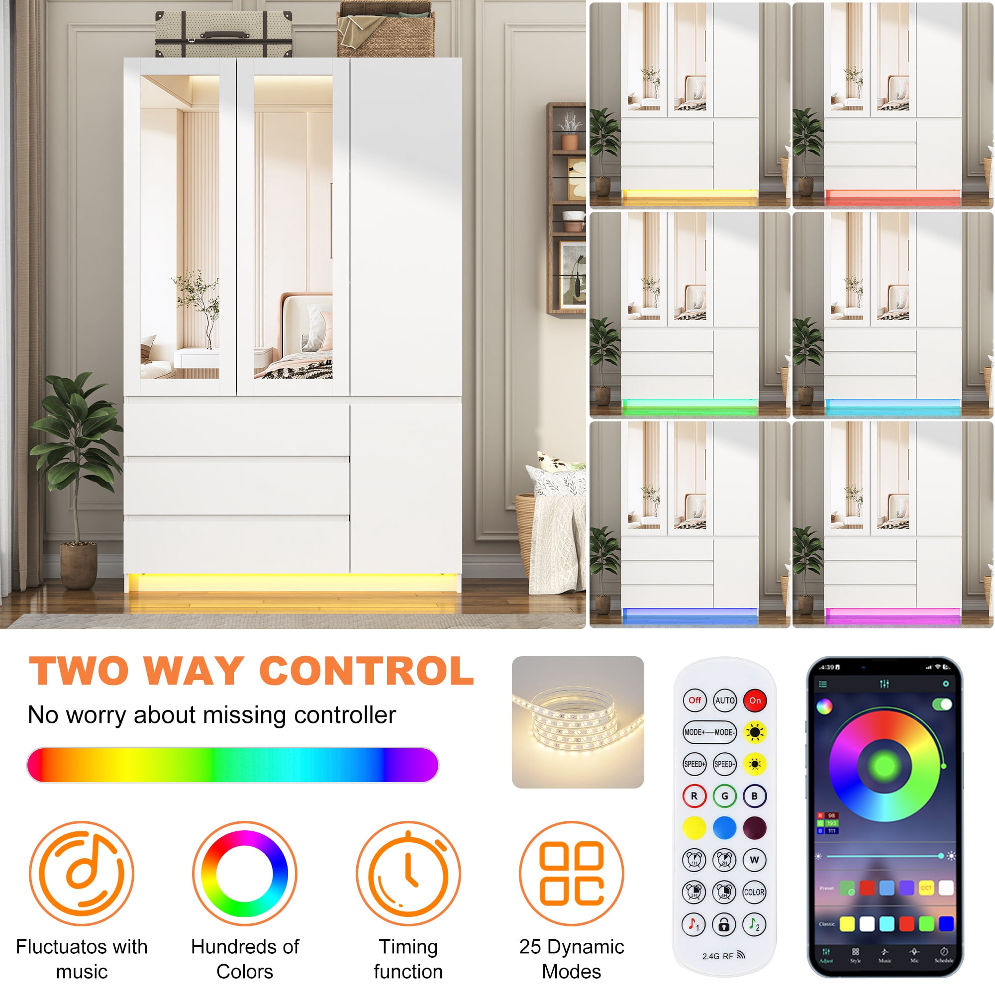 75" Tall 3 Doors Armoire Wardrobe Closet with  3 Drawers and Mirror, Large Wardrobe Closet for Bedroom with LED Lights, Wooden Armoire Storage Cabinet with Hanging Rod, Adjustable shelves (White)