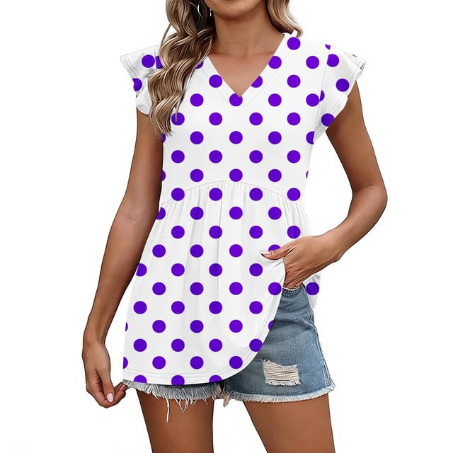 Craaazy Women Casual V Neck Blouse, Polka Dot/Ombre/Check Print Short Sleeve Ruffle Sleeve Top, Loose Fit Comfy T-shirts for Daily Wear Gifts