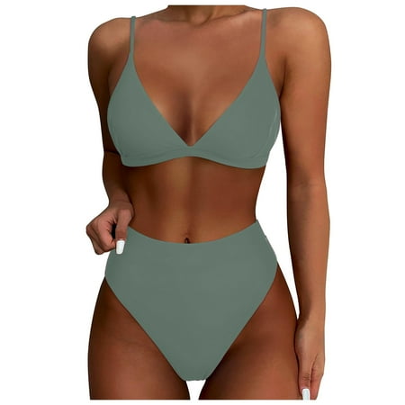 Gubotare Women 2PCS Bikini Set Wire Padded Back Buckler Bra Triangle High Waist Green L