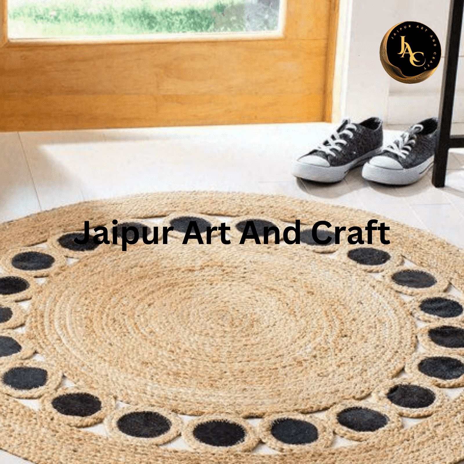 Jaipur Art And Craft Indian Hand Braided Natural Fiber Mid Black Tikki Brown Jute Round Area Rug (8x8 Sq Ft)