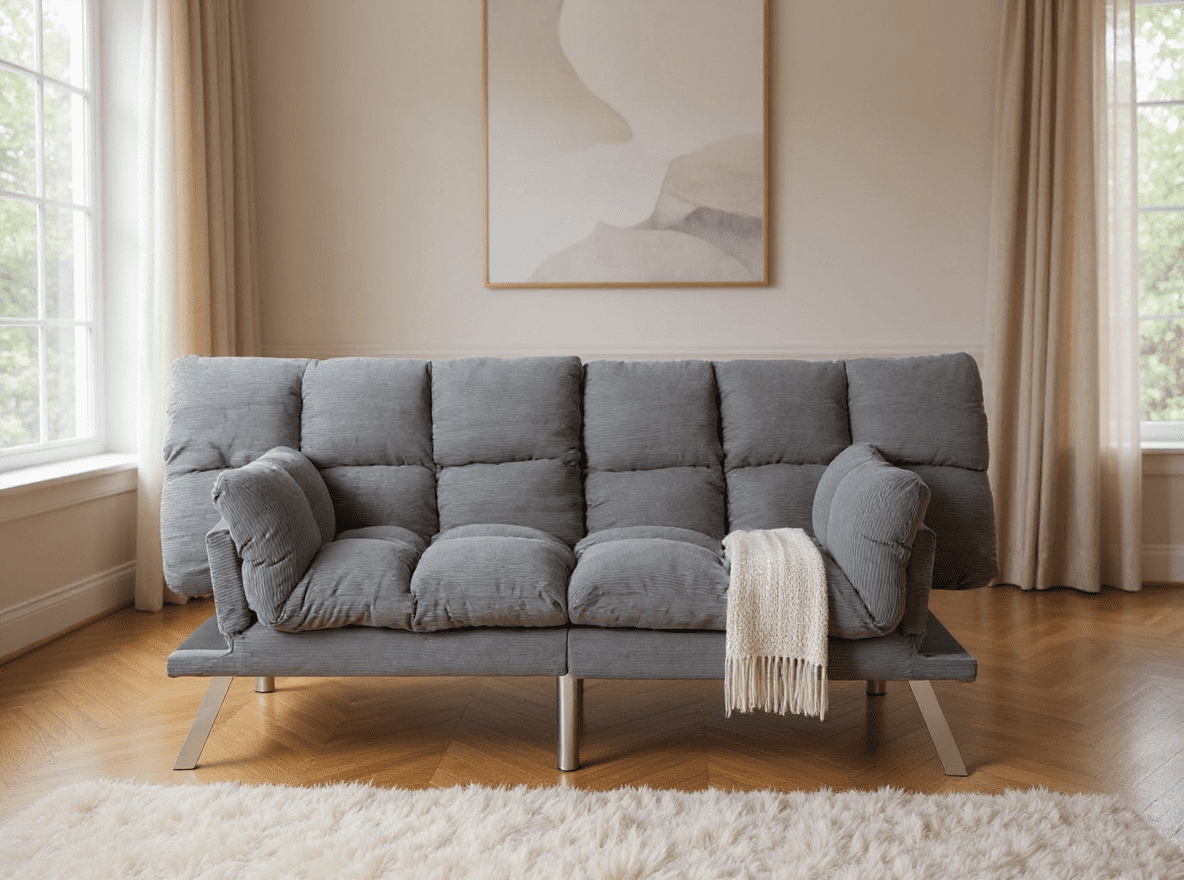 Gewnee 67.3 Inch Corduroy Convertible Sofa Bed,Upholstered Futon Couch with Adjustable Backrest,Suitable for Small Apartment,Dorm,Office,Gray