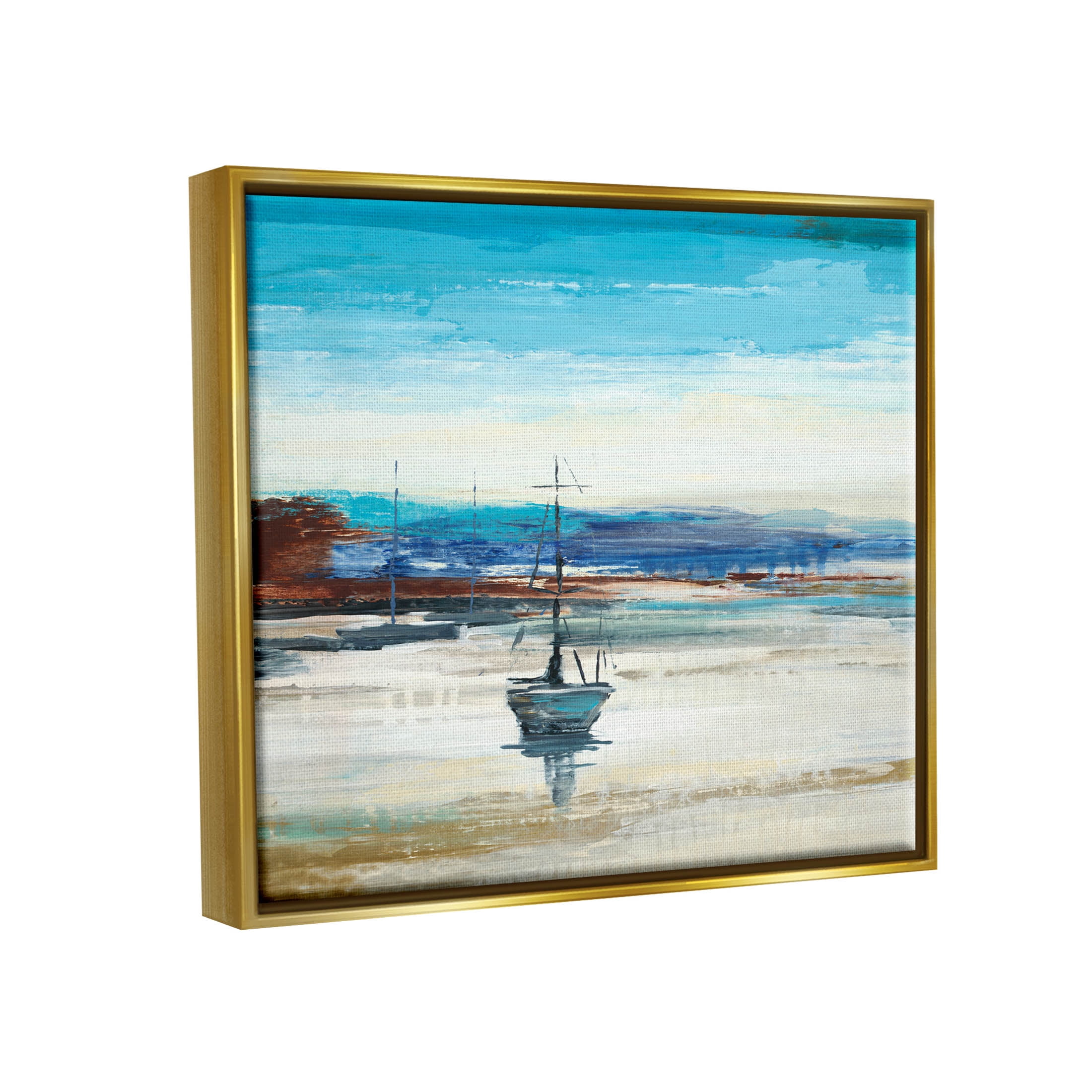 Abstract Boat Sea Reflection Coastal Painting Metallic Gold Framed Art Print Wall Art