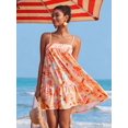 thumbnail image 4 of Orange All-Over Tropical Print Spaghetti Strap Tiered Mini Sundress For Women, Boho Vacation Dress, 4 of 7