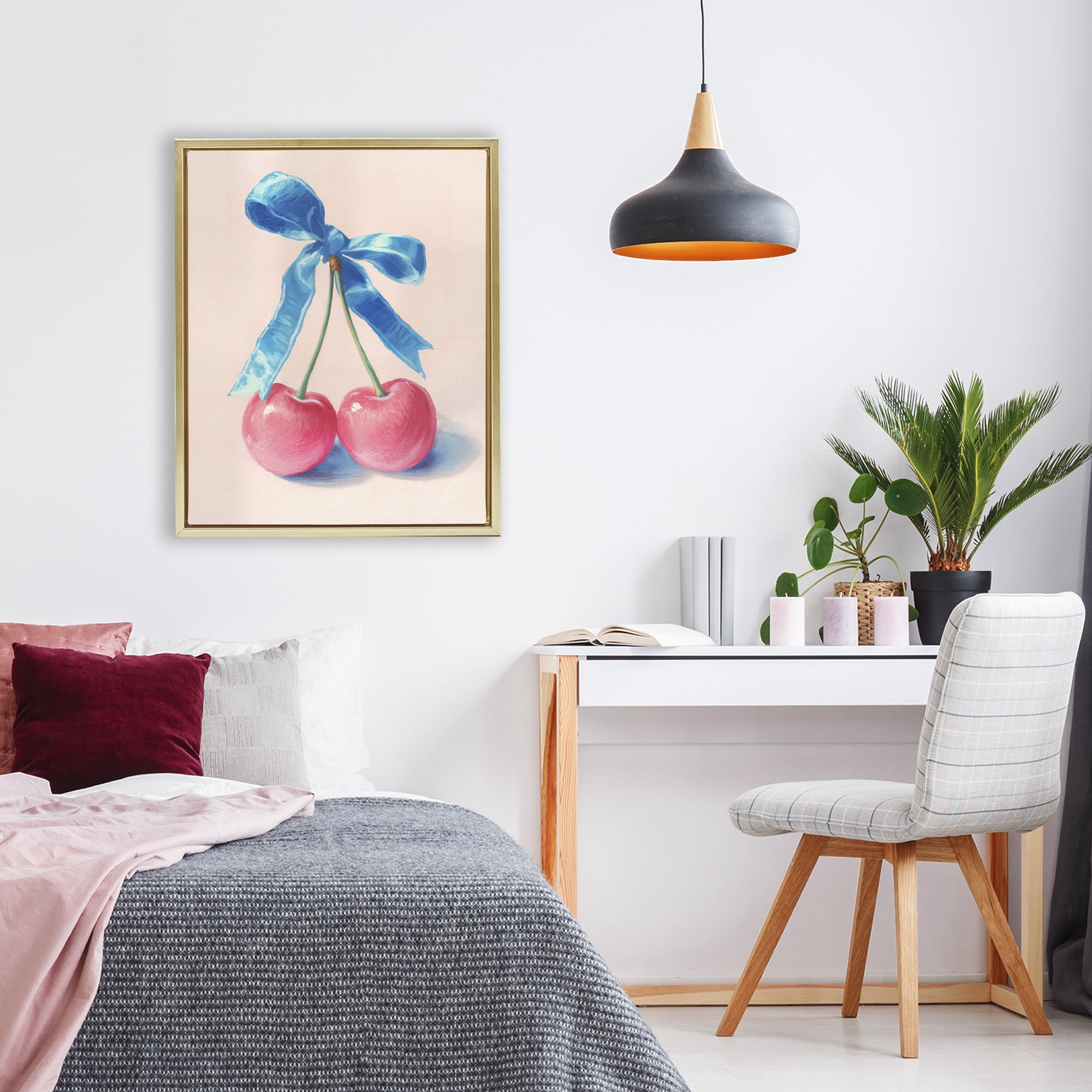 Stupell Industries Twin Cherries with Blue Ribbon Gold Framed Floater Canvas Wall Art, design by Imagine It Images