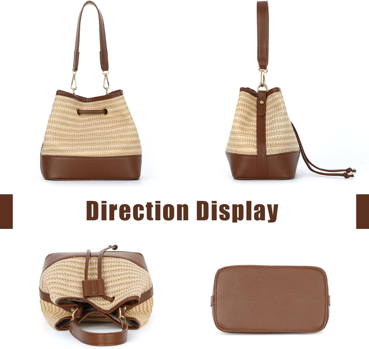 Straw Drawstring Shoulder Bag Bucket Bag for Women Summer Handwoven Beach Vacation Handbag Crossbody Bag