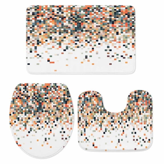 Orange Geometric Bath Mat 3 Piece Bathroom Rug Set, Abstract Plaid Colorful Grid Texture Non Slip Bath Rug Contour Mat and Toilet Lid Cover, Absorbent Shower Mats Soft Bath Rugs and Mats Sets