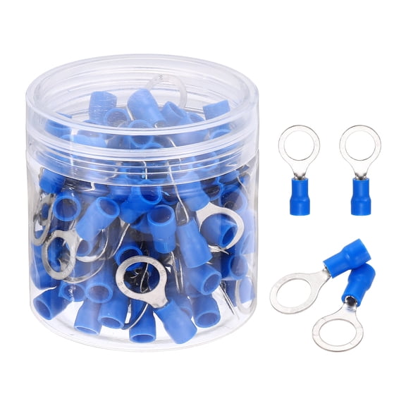 Uxcell 100Pcs Insulated Ring Terminal RV2-8 Battery Lugs 16-14AWG Electrical Crimp Terminals Eyelet Wire Connectors for Industrial, Electrical Wiring, Blue