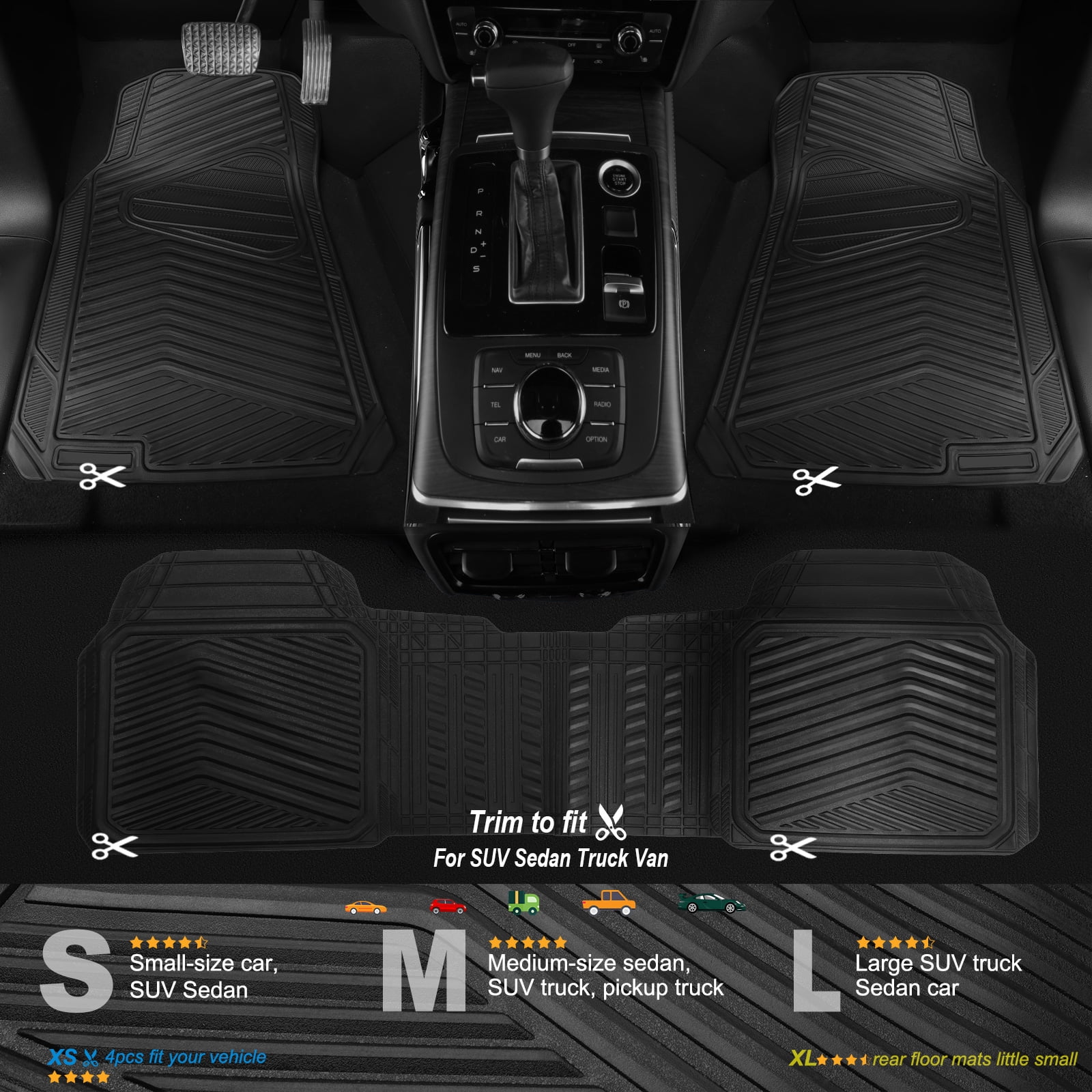 CAR GRAND Rubber Car Floor Mats, All Season All Weather Waterproof Automotive Mats Full Set 3 Pieces, Trim to Fit for Cars Sedans SUVs Trucks, Anti-Slip Easy Clean, All Black