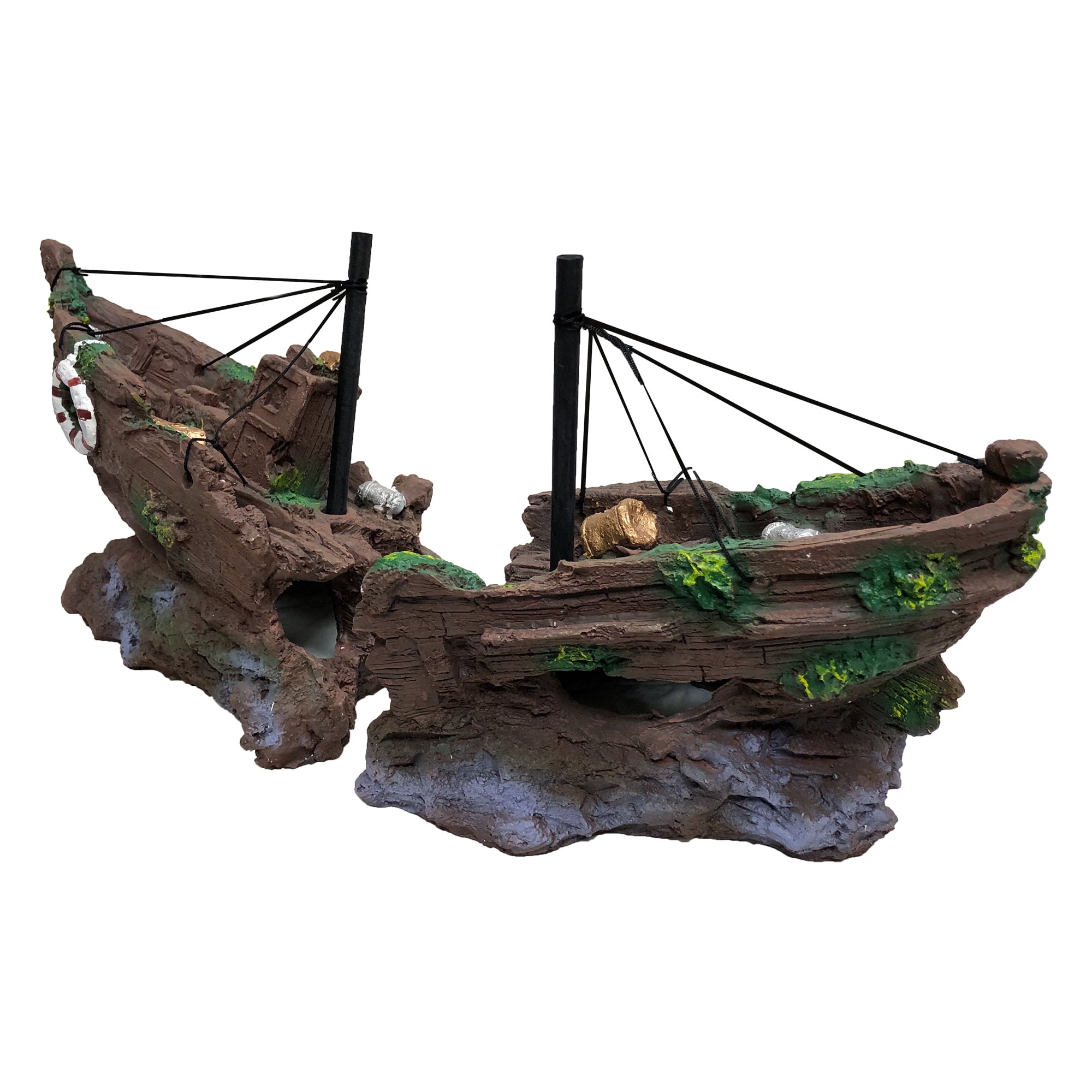 Sunken 2-Piece Ship Aquarium Decoration 21x8x9