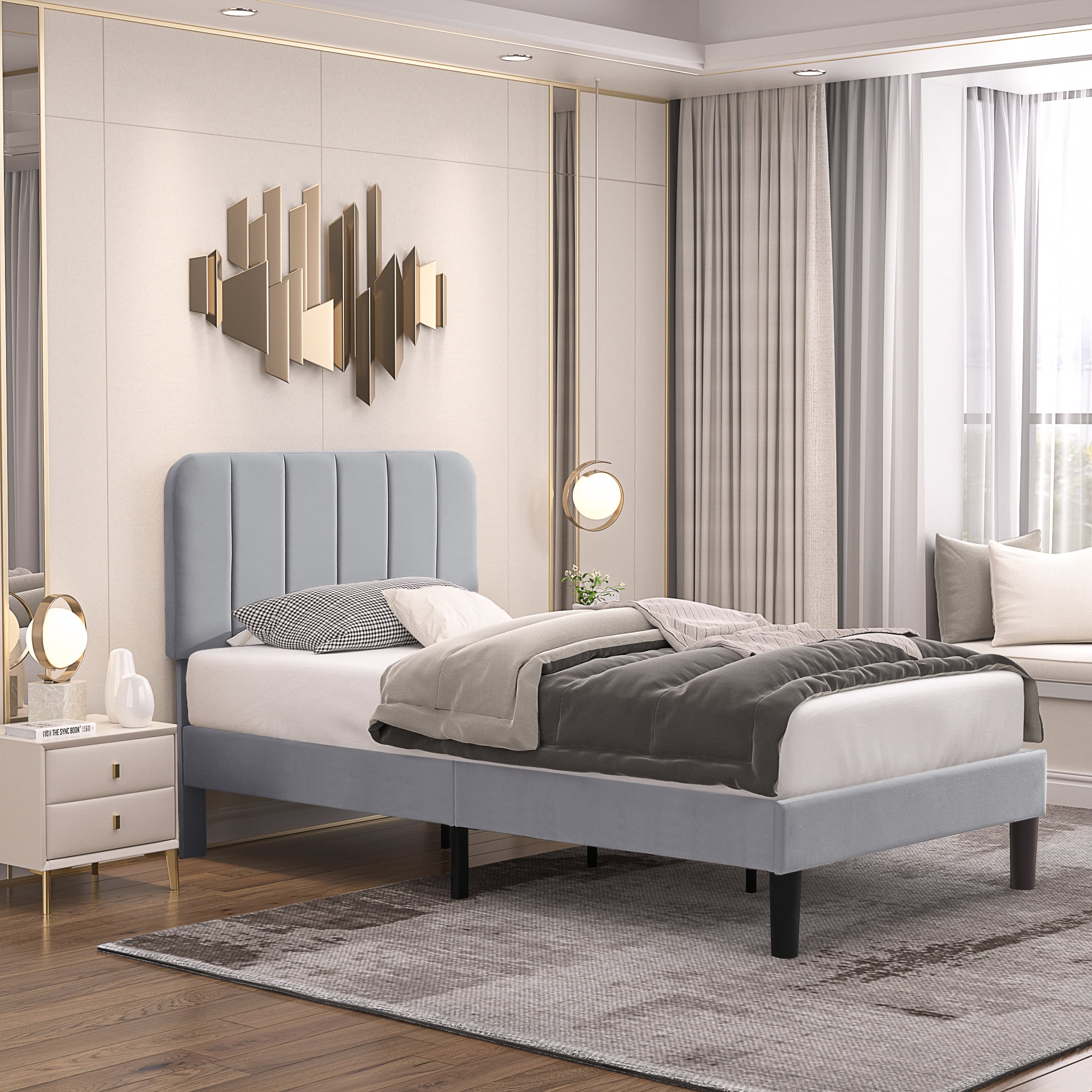 VECELO Twin Size Bed Frame, Upholstered Platform Bed Frame with Adjustable Headboard, No Box Spring Needed, Easy Assembly, Light Gray