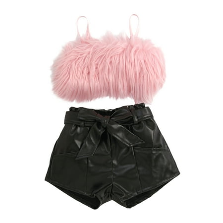 

Diconna Toddler Kids Solid Color Outfits Set Girls Cropped Fluffy Fur Camisole Belted Leather Shorts Children Sets Pink 1-2 Years