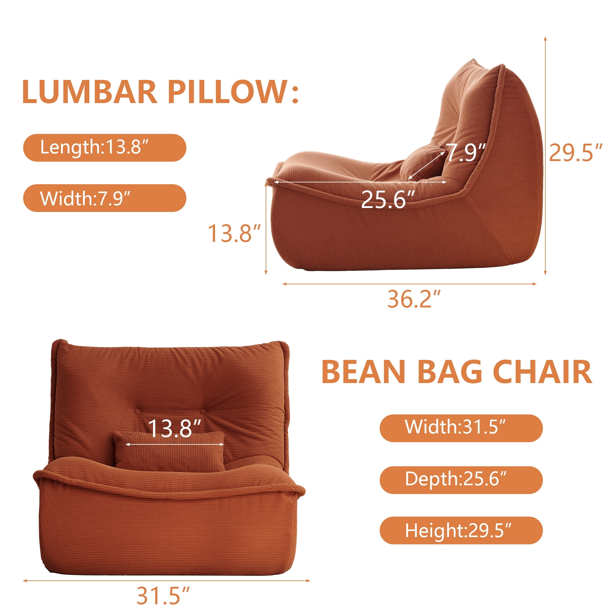 NBLDGT Bean Bag Chair for Adults, Single Lounge Chair with Lumbar Pillow, Comfy Floor Sofa with High-Resilience Foam, Lazy Accent Chair for Living Room, Bedroom, Apartment, Or Reading Corner, Orange