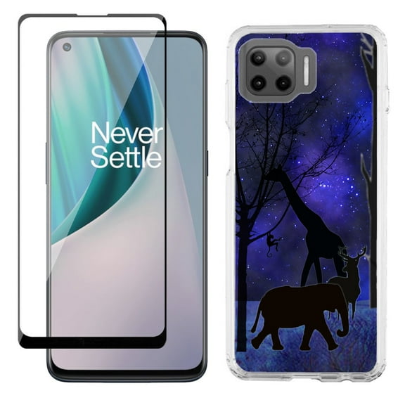 Slim-Fit Protective Phone Case compatible with Motorola Moto One 5G UW, with Tempered Glass Screen Protector, by OneToughShield ® - Midnight Safari