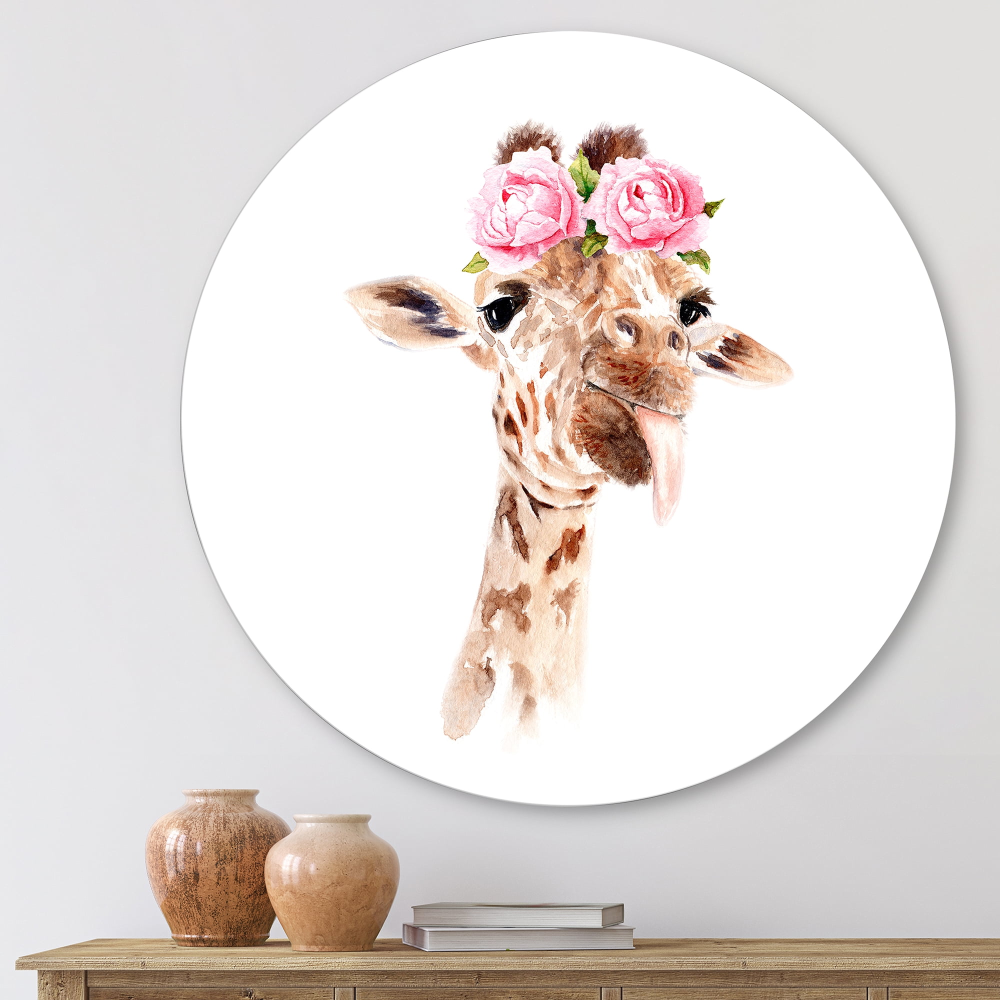 Designart 'Portrait of A Giraffe With Pink Flowers' Farmhouse Circle Metal Wall Art 23x23 - Disc of 23