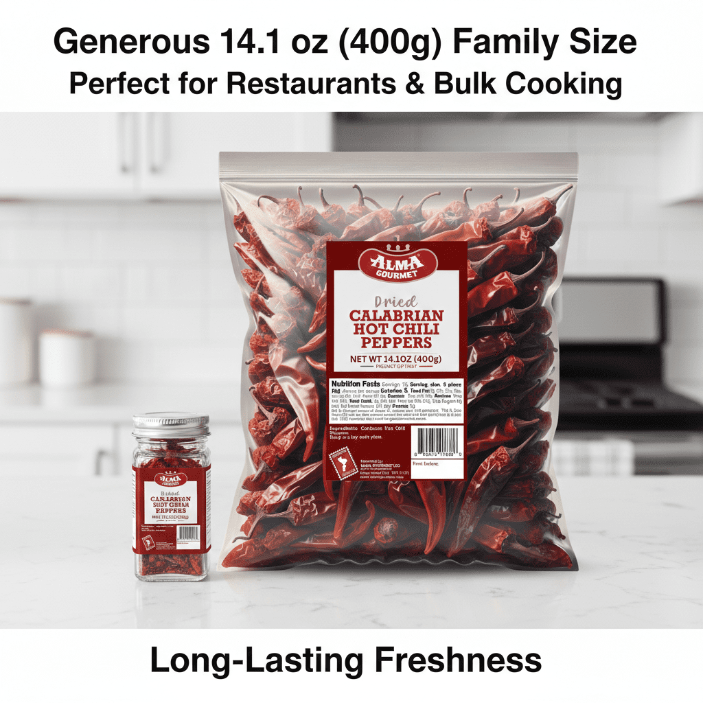 Alma Gourmet Whole Dried Calabrian Chili Peppers, Authentic Italian Peperoncino Secco Calabrese, Imported from Italy, 14.1 oz (400g)