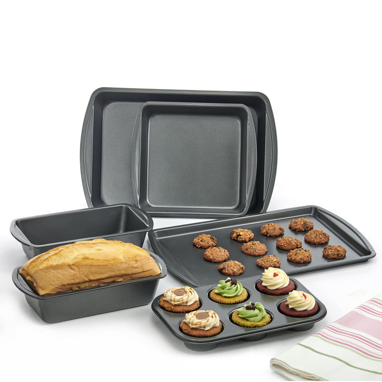 KITESSENSU Baking Pans Sets, Nonstick Bakeware Set 7-Piece with Round/Square Cake Pan, Loaf Pan, Muffin Pan, Cookie Sheet, Roast Pan, Cooling Rack, CA