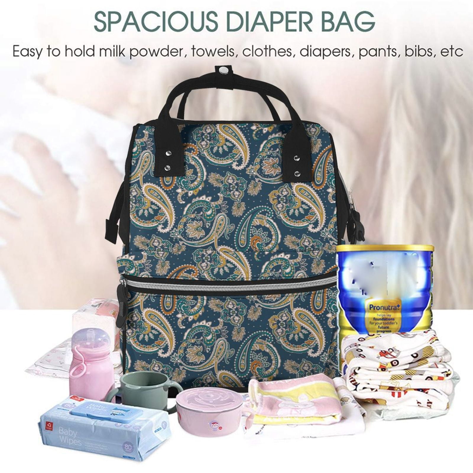 Ratiio Indian Paisley 2 Mummy Backpack - Waterproof Twill Canvas, Large Capacity Diaper Bag with Multiple Pockets and Adjustable Straps