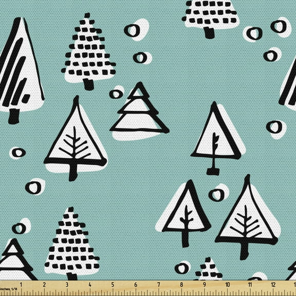 Forest Fabric by the Yard, Winter Season Christmas Tree Hand-Drawn in Geometric Style, Upholstery Fabric for Dining Chairs Home Decor Accents, 3 Yards, Pale Blue Charcoal Grey by Ambesonne