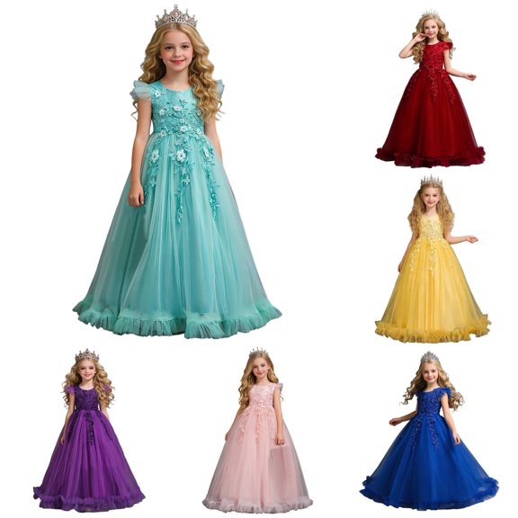 Playtopia Big Girls Floral Lace Applique Long Tulle Ball Gown Sleeveless Formal Piano Recital Pageant Dress Multi Color Polyester Summer Kids Outfit 1PC S-XXL Plus Size Friendly