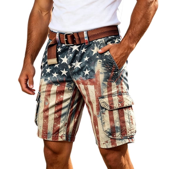 WERYOUNG Casual Denim Work Shorts For Man Patriotic American Flag Shorts USA Independence Day Festival Cargo Shorts Outdoor Sport Versatile Bottom L