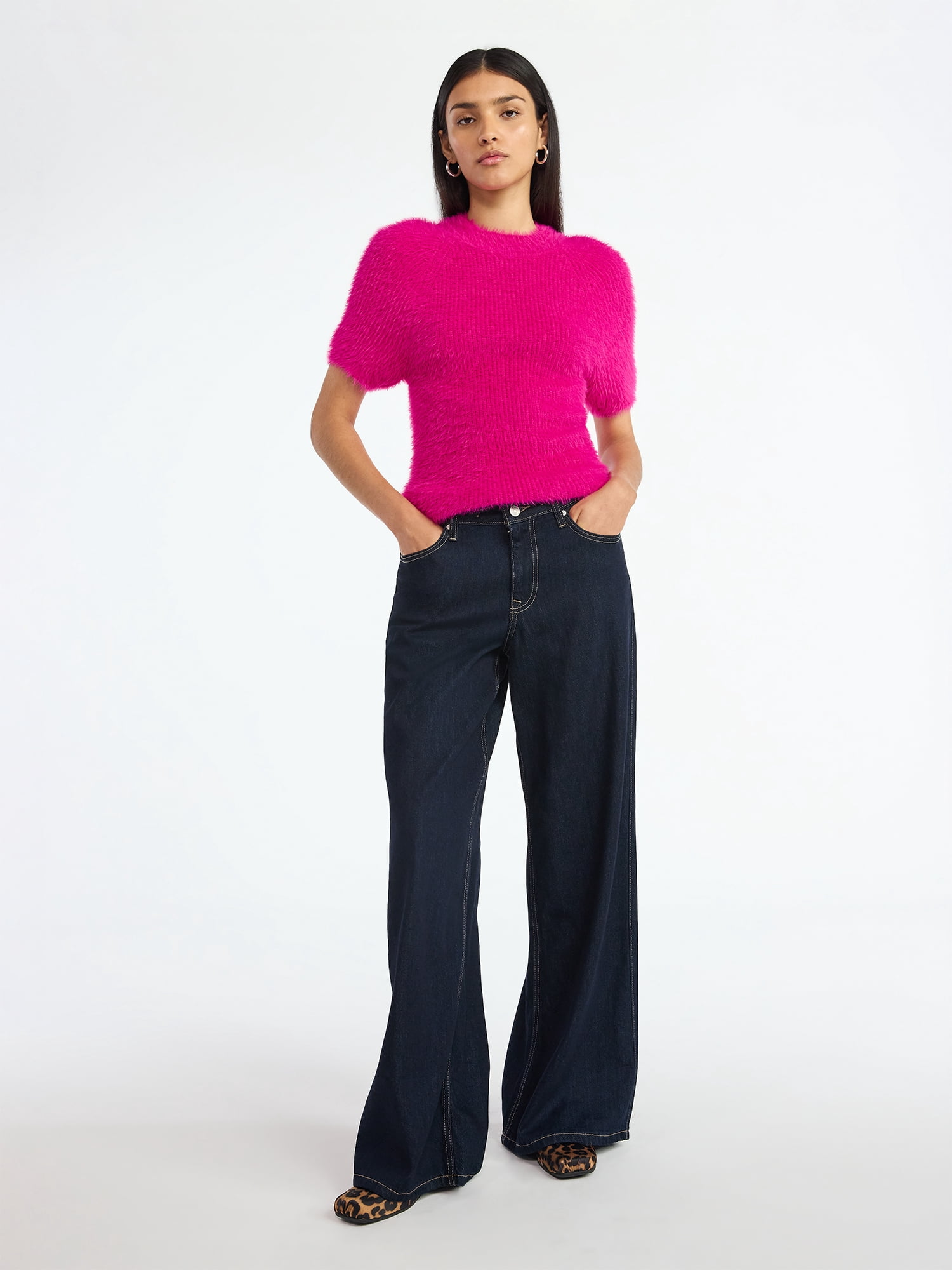 Scoop Women’s Fuzzy Sweater Top with Short Sleeves, Lightweight, Sizes XS-XXL