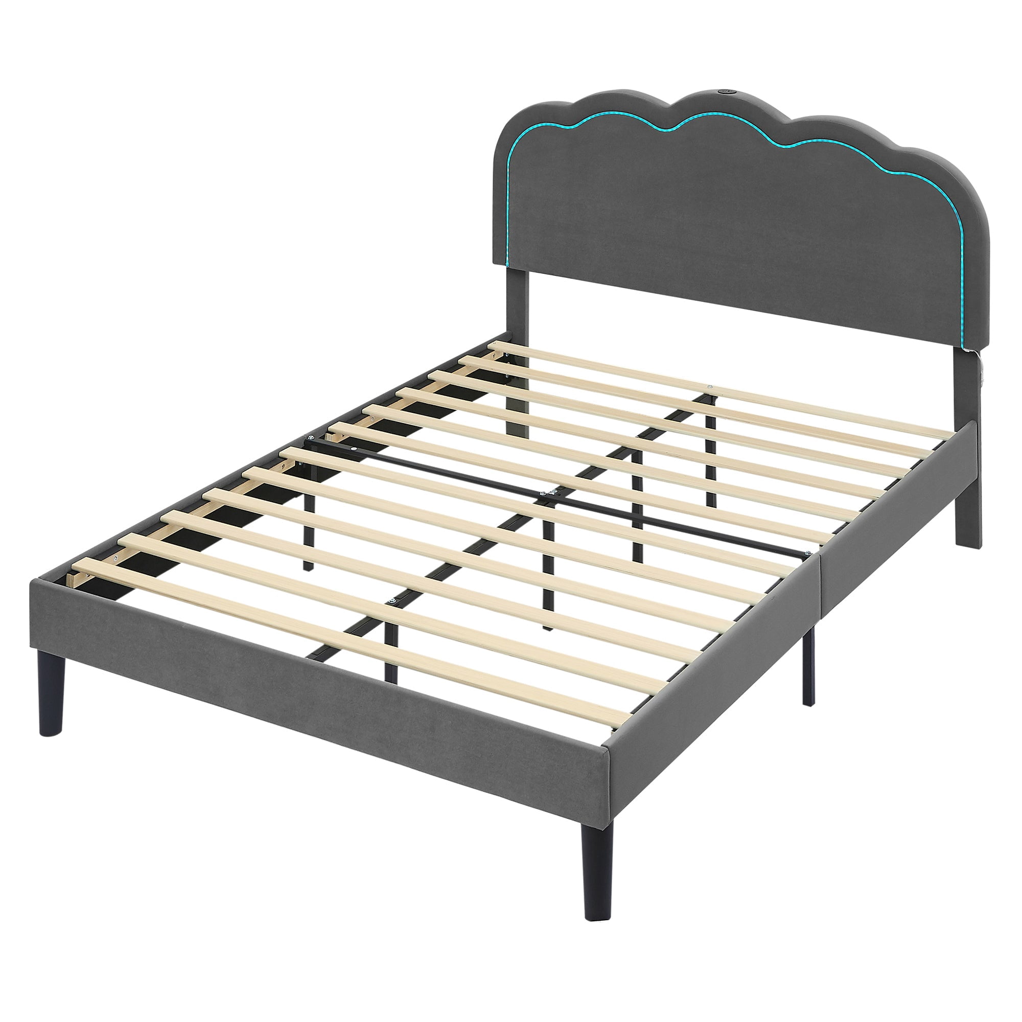 VECELO LED Bed Frame, Full Size Upholstered Platform Bed Frame with Adjustable Charging Station Headboard, No Box Spring Needed, Easy Assembly, Gray