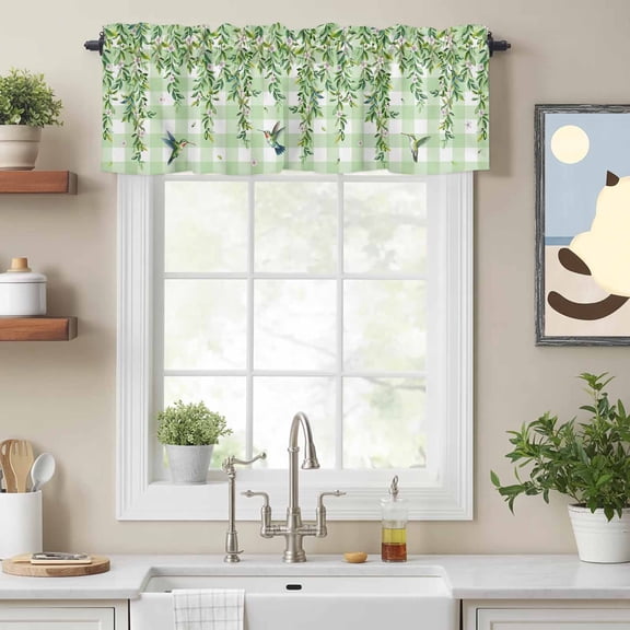 Valance Curtains for Windows Spring Flowers Kitchen Curtians Window Treatment Green Leaf Bird Plaid Topper Curtain Rod Pocket Valances for Kitchen Bathroom Living Room 60x18in