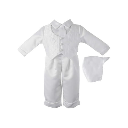 Little Angels Christening Baptism Baby Boy Diamond Embroidered Vest with Satin Pant Set & Coordinated Hat