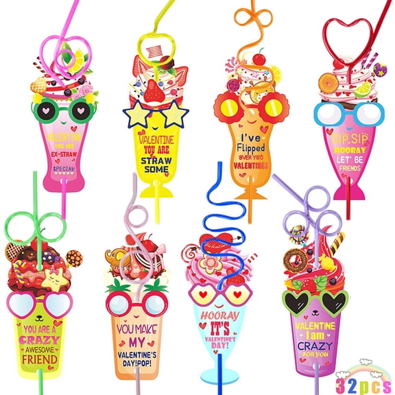 FRTDNE Valentines Day Cards for kids,Set of 32 Crazy Straws Bulk, Valentines Day Gifts for Kids Colorful Valentine Exchange Cards Loop Reusable Drinking Straws for Girls Boys School Party Favors