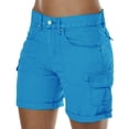 thumbnail image 2 of Cargo Shorts Women Elastic Mid Rise Outdoor Hiking Athletic Button Twill Denim Knee Bermuda Plus Size Casual Lady Clothes W/Pockets Blue M 8" inseam, 2 of 8