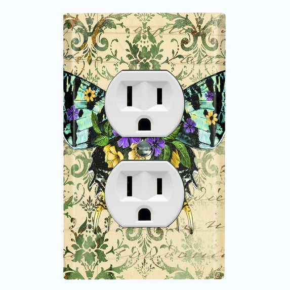 Metal Light Switch Plate Cover Colorful Floral Butterfly Green Damask BUT028