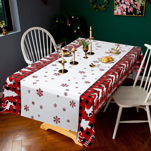 Maplenight Nappe de Noël Jetable 54x108 Pouces Rectangle - Arbre de Noël & Flocon de Neige Nappe de Table pour Maison Cuisine - Nappe Imperméable et Anti-Huile pour Fête/buffet/banquette