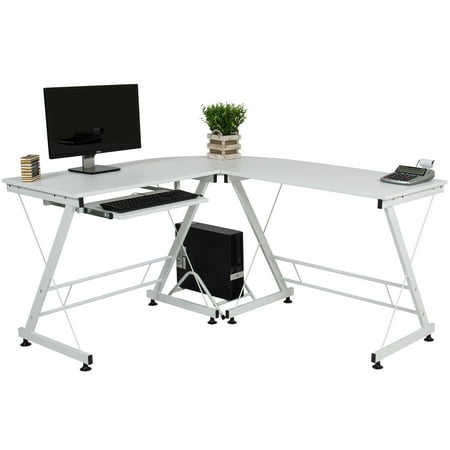 Eiffel Tower Desk Best Choice Products Modular Wooden Sectional L-Shaped Workstation for Home, Office, Study w/ Wooden Tabletop, Metal Frame, Pull-Out Keyboard Tray, PC Tower Stand, White ()