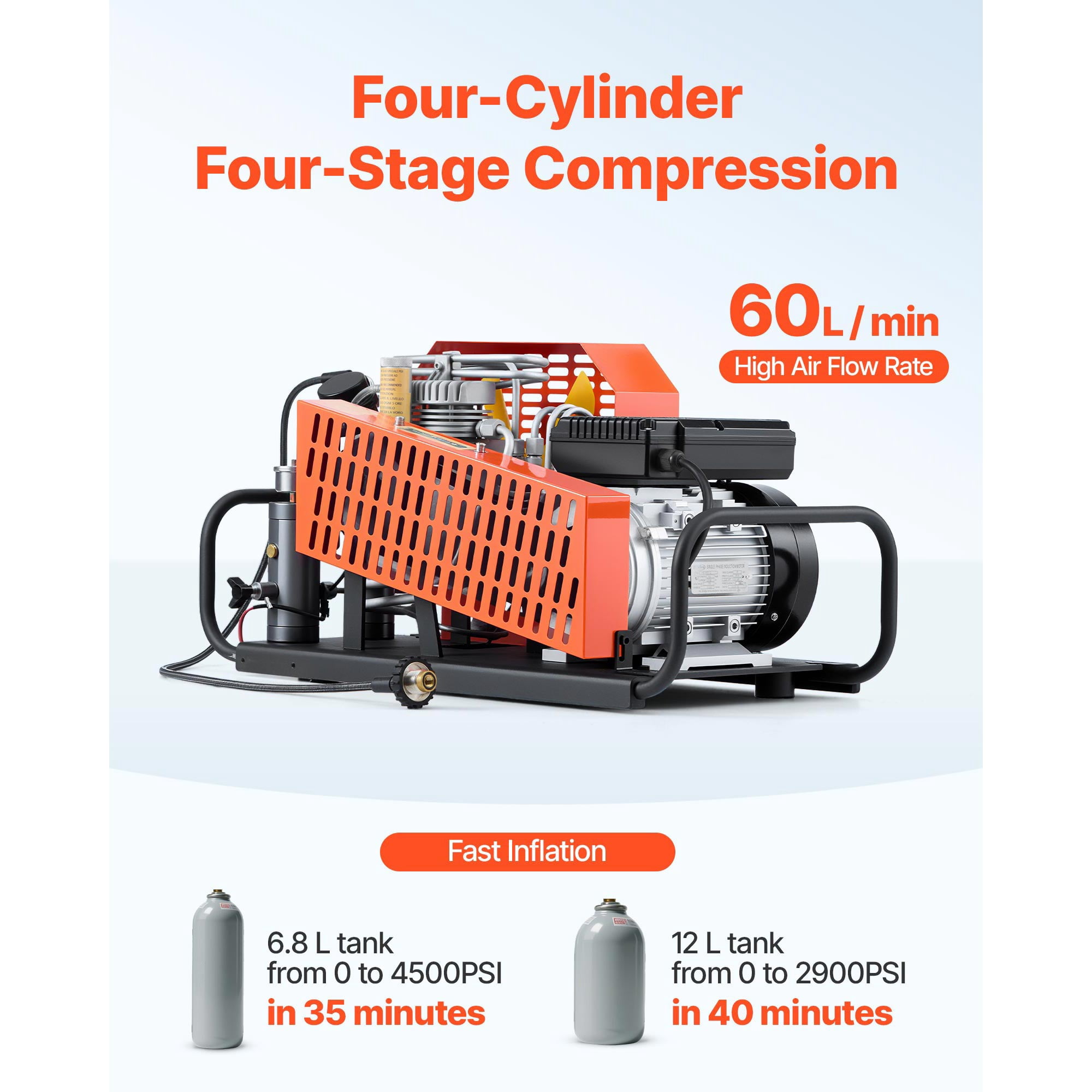 KFFKFF High-Pressure Air Compressor, 4500PSI/30Mpa Diving Tank Compressor, 60 L/min Four-Cylinder Auto Stop Pump with Fan Cooling System for Scuba Tanks, Paintball, and Emergency Applications