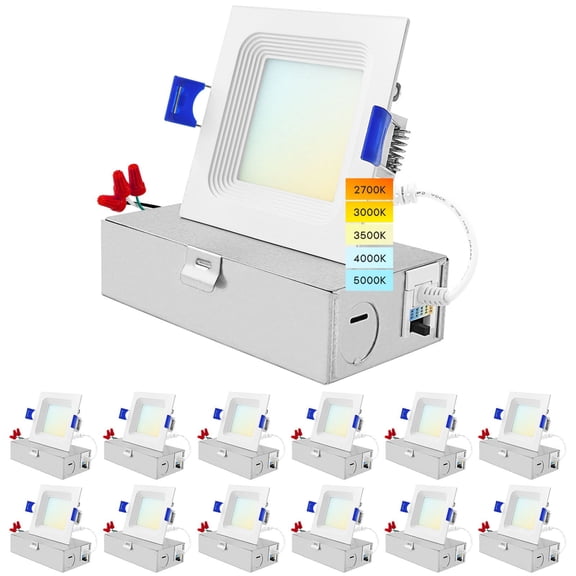 Luxrite 12-Pack 3 Inch Square LED Recessed Lighting, 8W, 5CCT Color Selectable 2700K-5000K, 540 Lumens, Wet Rated, ETL, Baffle Trim