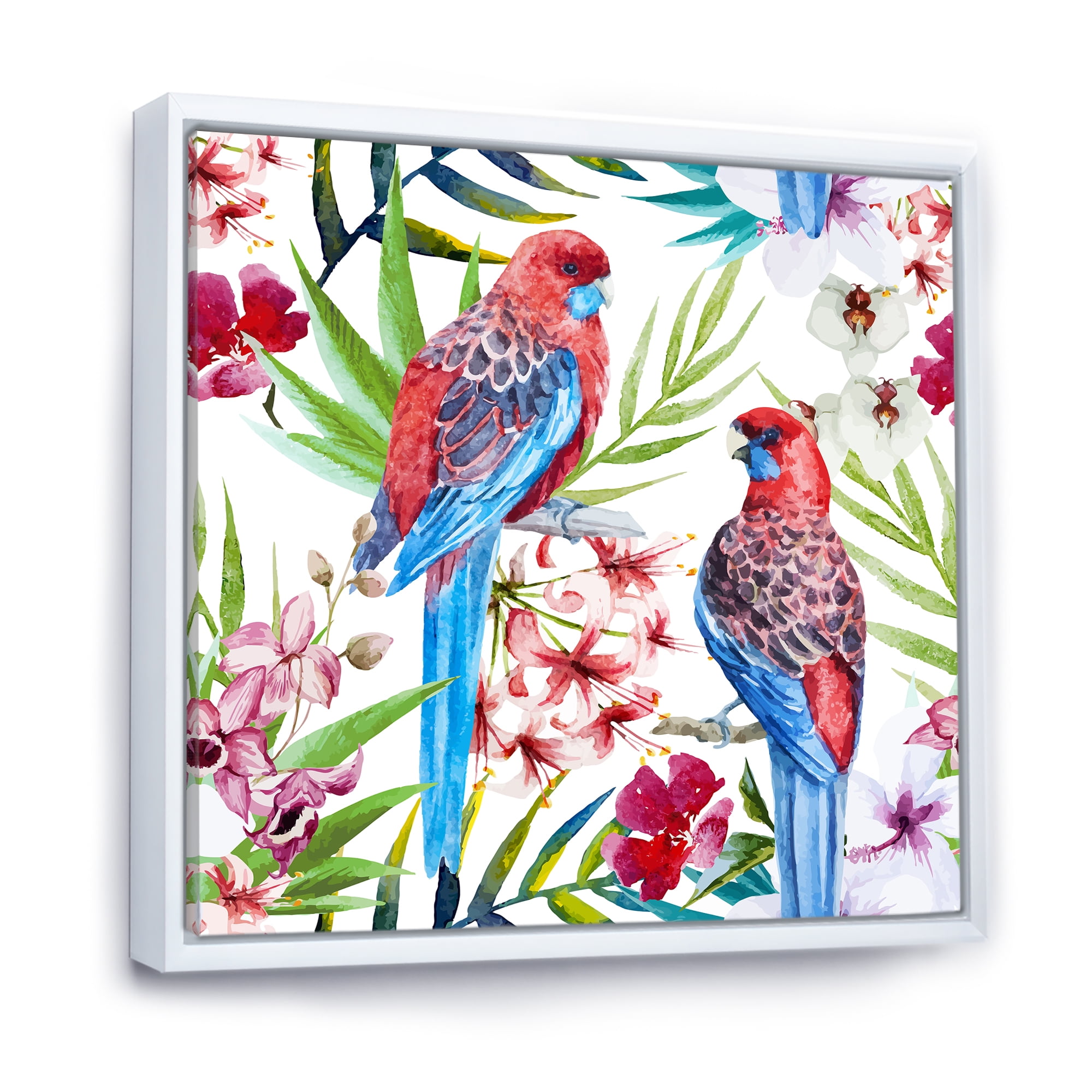 Designart 'Rosella Birds Sitting On Flowers Tree Branch' Traditional Framed Canvas Wall Art Print