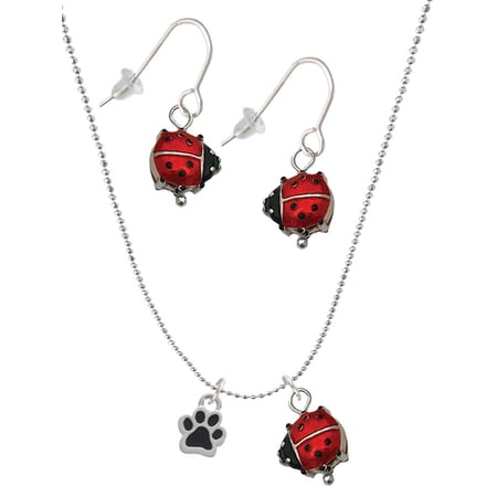 Delight Jewelry Silvertone Mini Translucent Black Paw Red Lucky Ladybug Necklace and Dangle Earrings Set