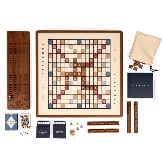 WS Game Company 3-in-1 Premium Game Collection: Scrabble, Trivial Pursuit, and Cribbage with Rotating Solid Wood Cabinet