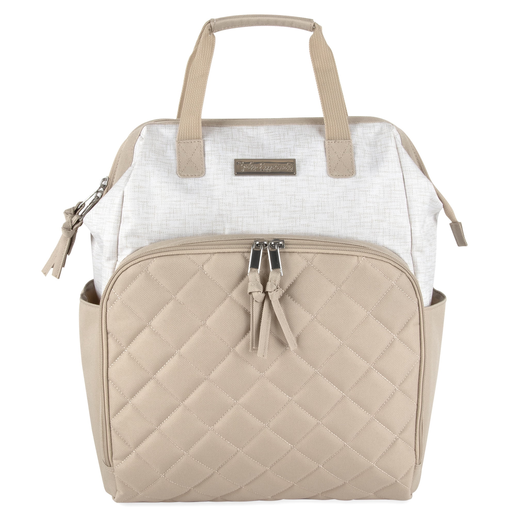 Baby Essentials Super Cooler Main Frame Dual Zipper Closure Diaper Bag Backpack Tote with Matching 6-Ply Changing Pad, Insulated Bottle Pockets and Stroller Straps in Crème and Taupe