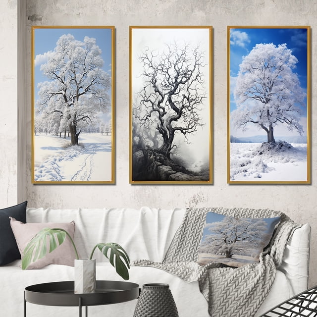 Designart "White Tree Winters beauty" Landscape Trees Framed Wall Art Set Of 3 - White Trees Frame Gallery Set For Office Decor