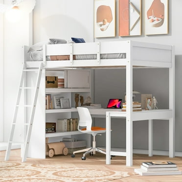 DeeHome Full Size Loft Bed with Desk and Shelf - White