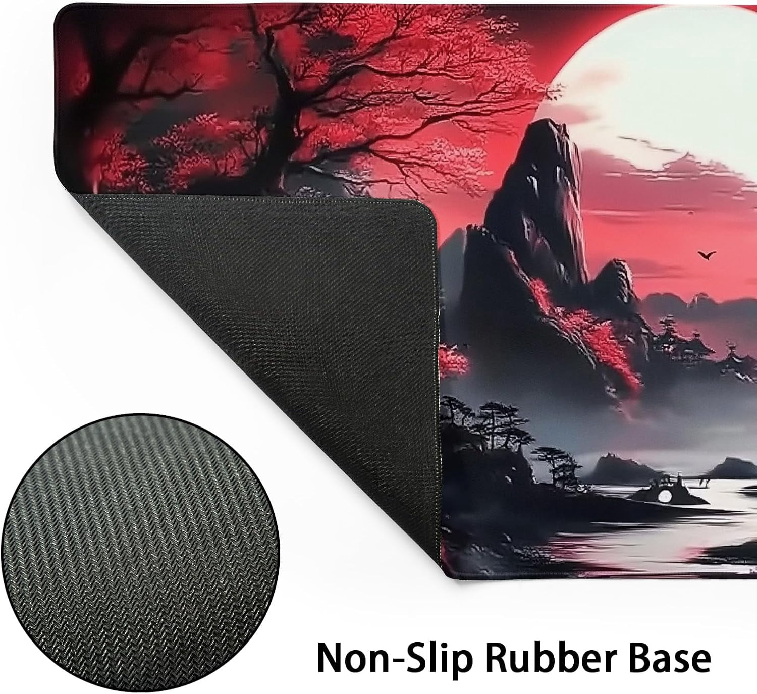 Black Red Japanese Gaming Mouse Pad XXL Moon Sakura Cherry Blossom Extended Big Large Desk Mat Non-Slip Rubber Base Stitched Edge Long Keyboard Mousepad for PC Computer Laptop,35.4×15.7 in