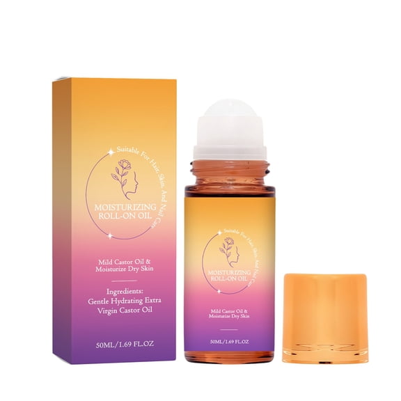 Castor Oil Roll On 1.7 oz, Cold Pressed with Rose Quartz Roller Hexane Free for Face Body Brows Lashes