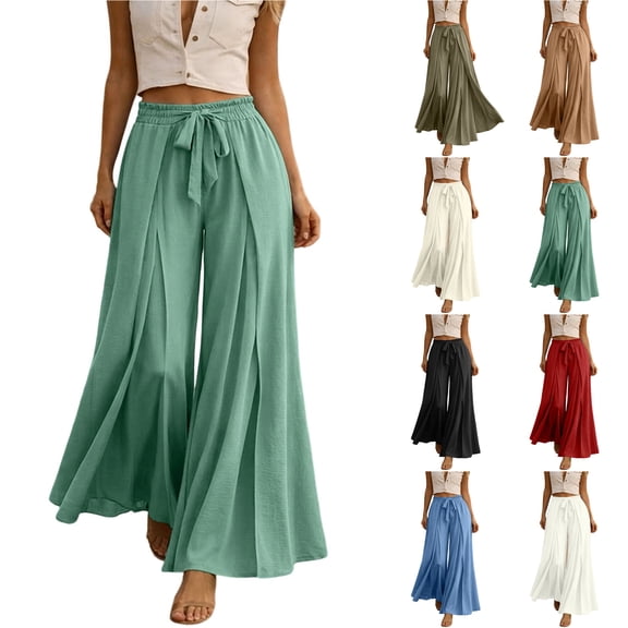 Bloomae Wide Leg Palazzo Pants for Women Dressy Tie Front Drawstring High Waisted Flowy Pleated Trousers Loose Fit Casual Summer Vacation Pants