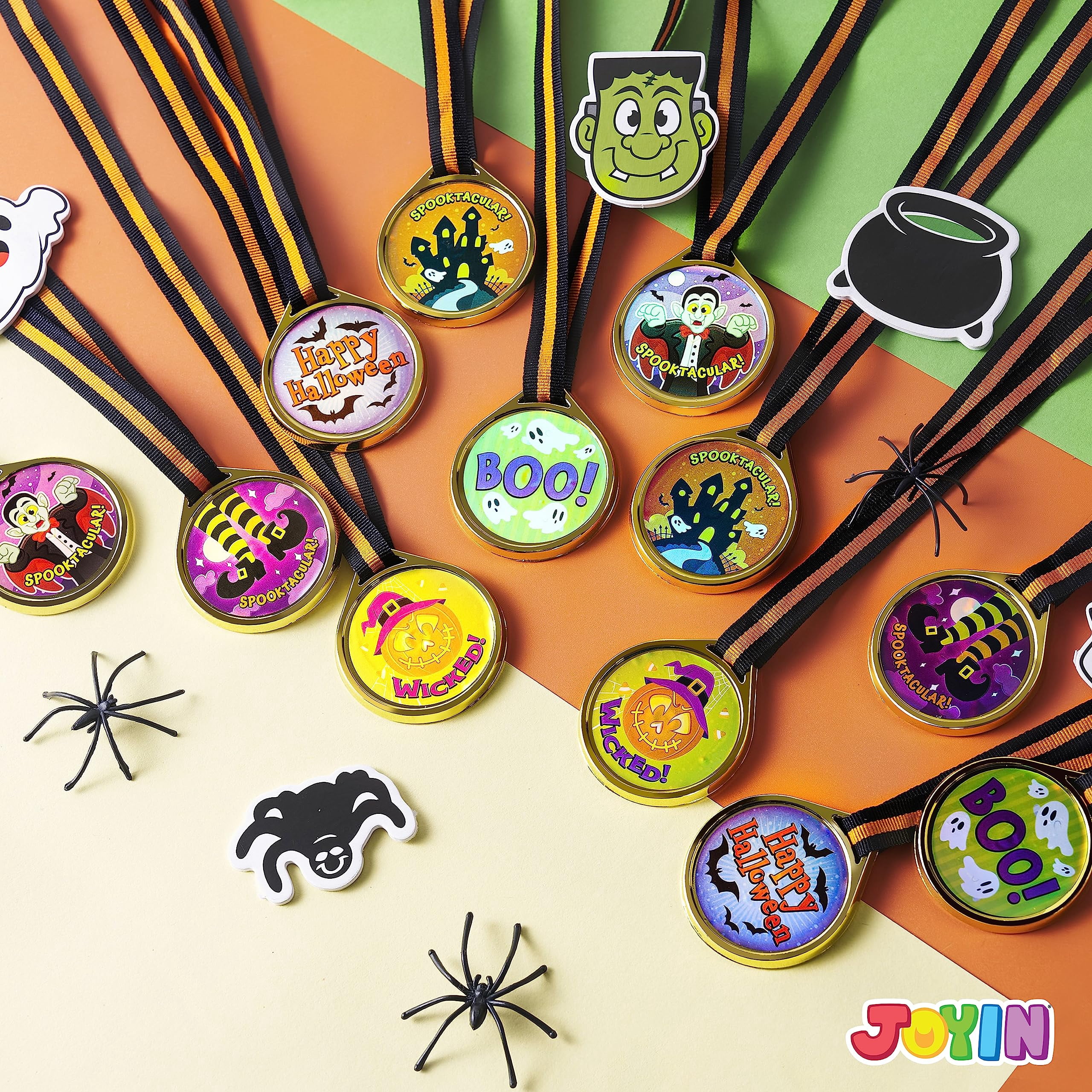 Joyfy 24 Pcs Halloween Carnival Prizes,Halloween Medal Trophies and Trophy Ribbons Games,Best Costume Trophy Halloween for Adults Kids,Halloween Prizes Bulk,Carnival Party Favors
